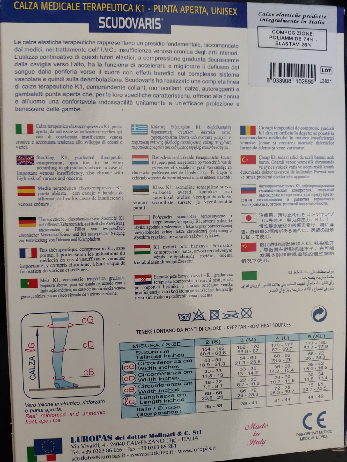 MONOCOLLANT AMBIDESTRO EXTRA CLASSE K1 COMPRESSIONE MEDICALE PUNTA APERTA mm Hg 18-21