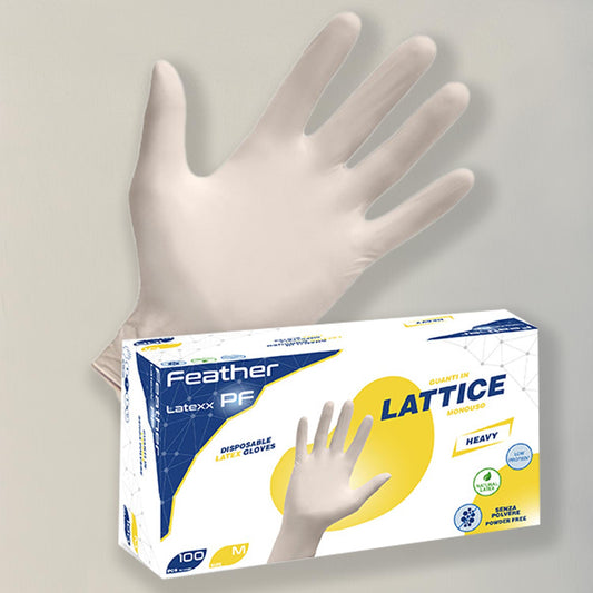 Guanti in lattice Misura L monouso con polvere Feather Latexx – gr. 5,4 (M) Conf. 100 pezzi
